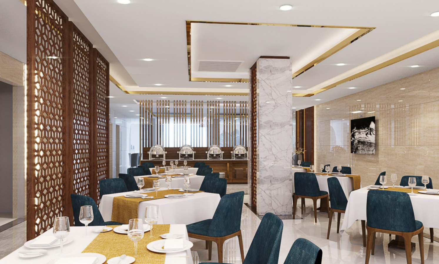 Nhà hàng tại khách sạn phục vụ đa dạng món Á – Âu, mang đến trải nghiệm ẩm thực phong phú