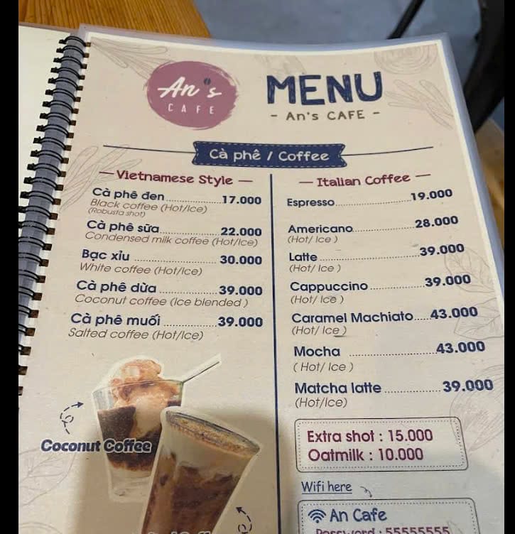 Menu An's Cafe với đa dạng món