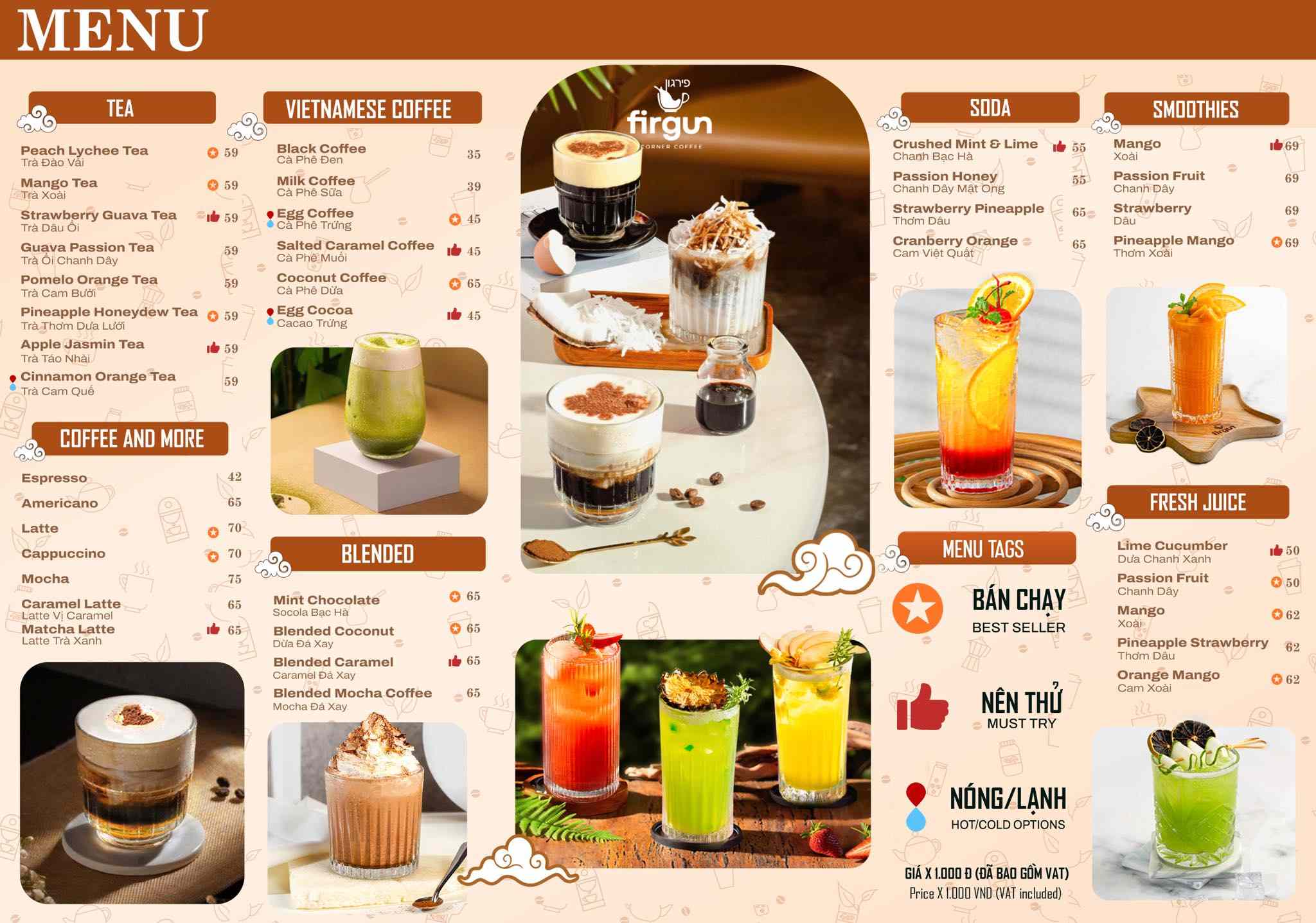 Menu Firgun Corner Coffee với các món cà phê, trà, soda và đồ uống signature tại Đà Nẵng