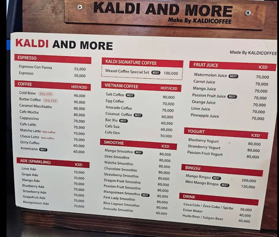 Menu đồ uống tại Kaldi And More Danang với các món cà phê, trà và nước uống phổ biến