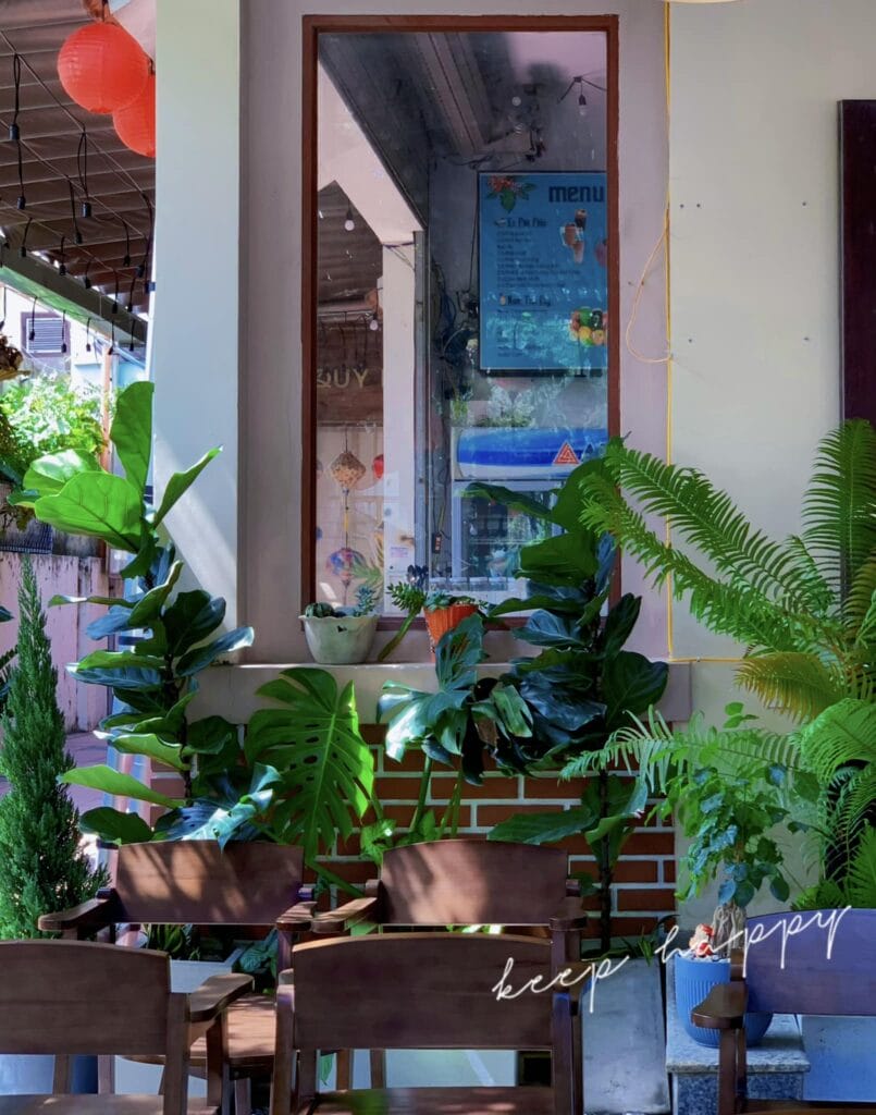Khu vực ngồi và lối vào Nhàn Cafe Đà Nẵng với nhiều cây xanh, không gian yên tĩnh và gần gũi