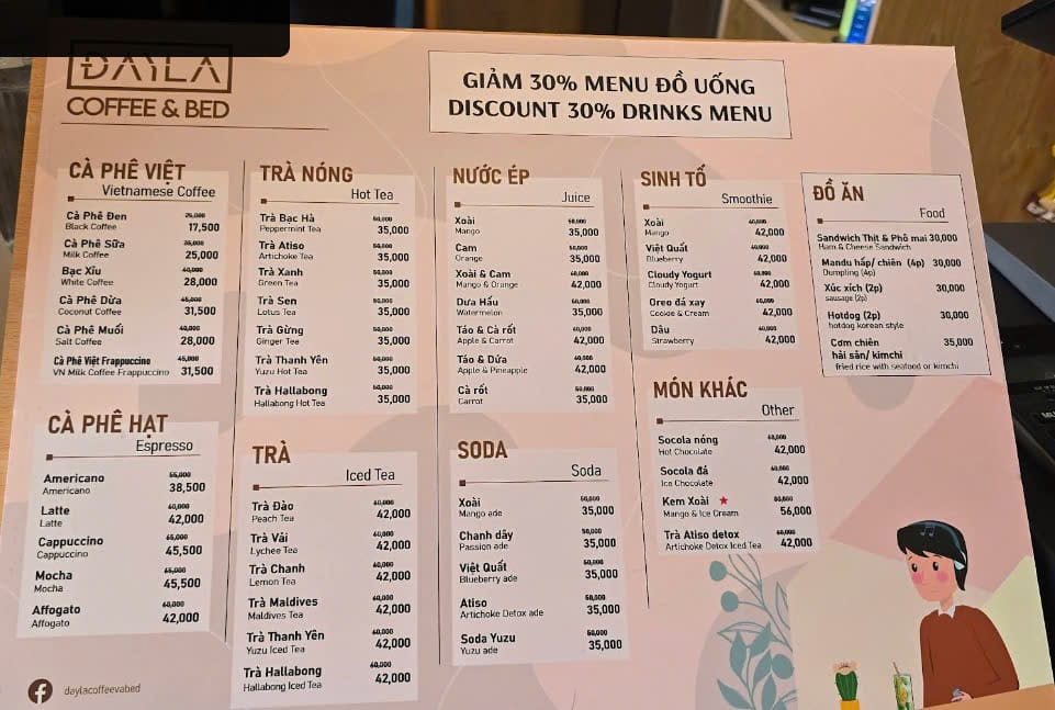 Menu đồ uống tại Đây Là – Photobooth Coffee & Bed với các món cà phê và trà trái cây