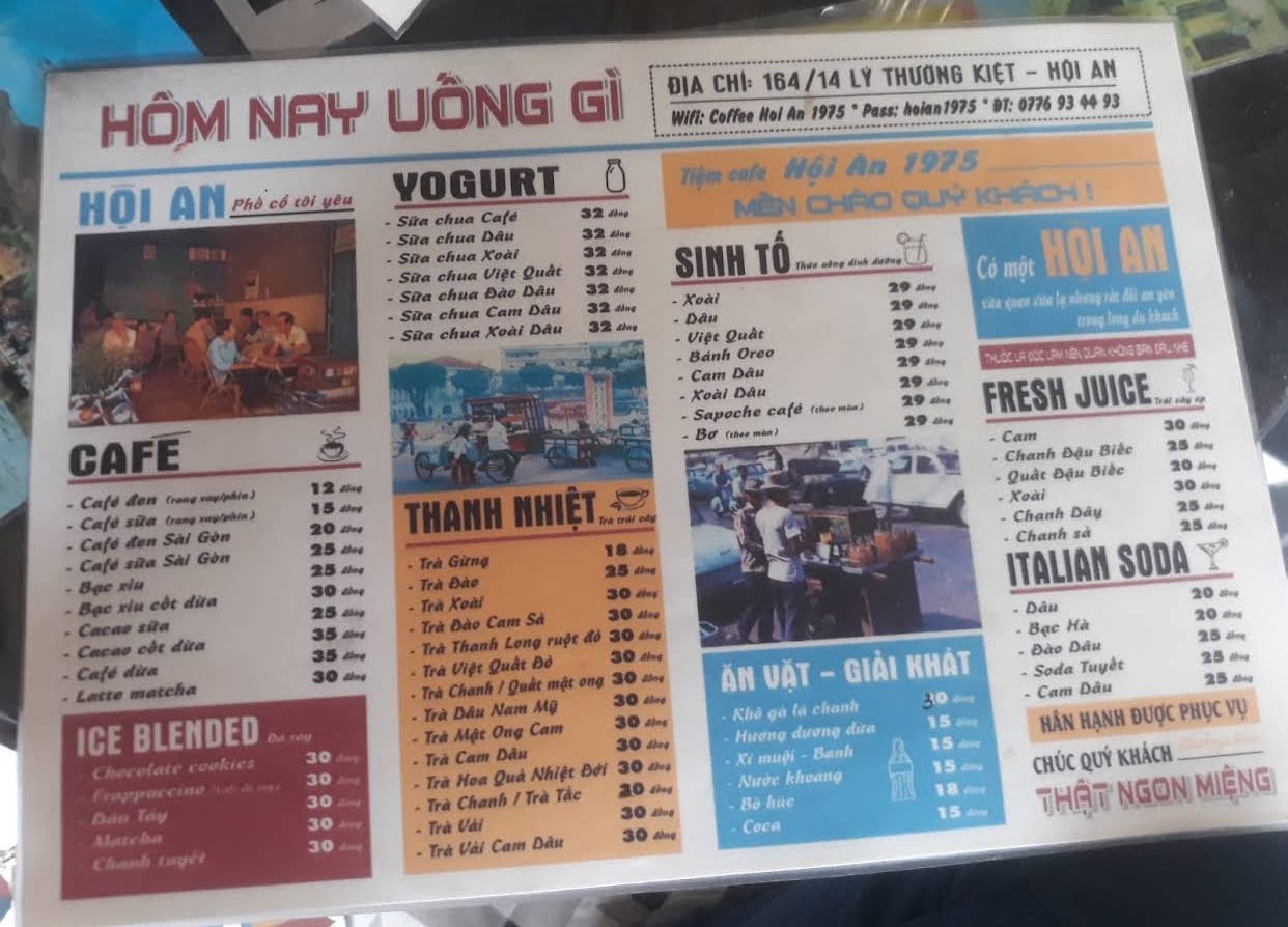 menu giá cả - tiệm cà phê hội an 1975